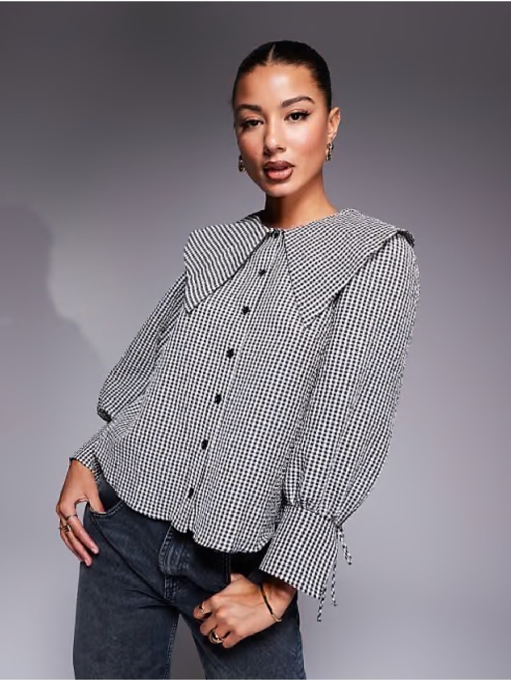River Island Black & White Gingham Button-Front Blouse with Statement Collar